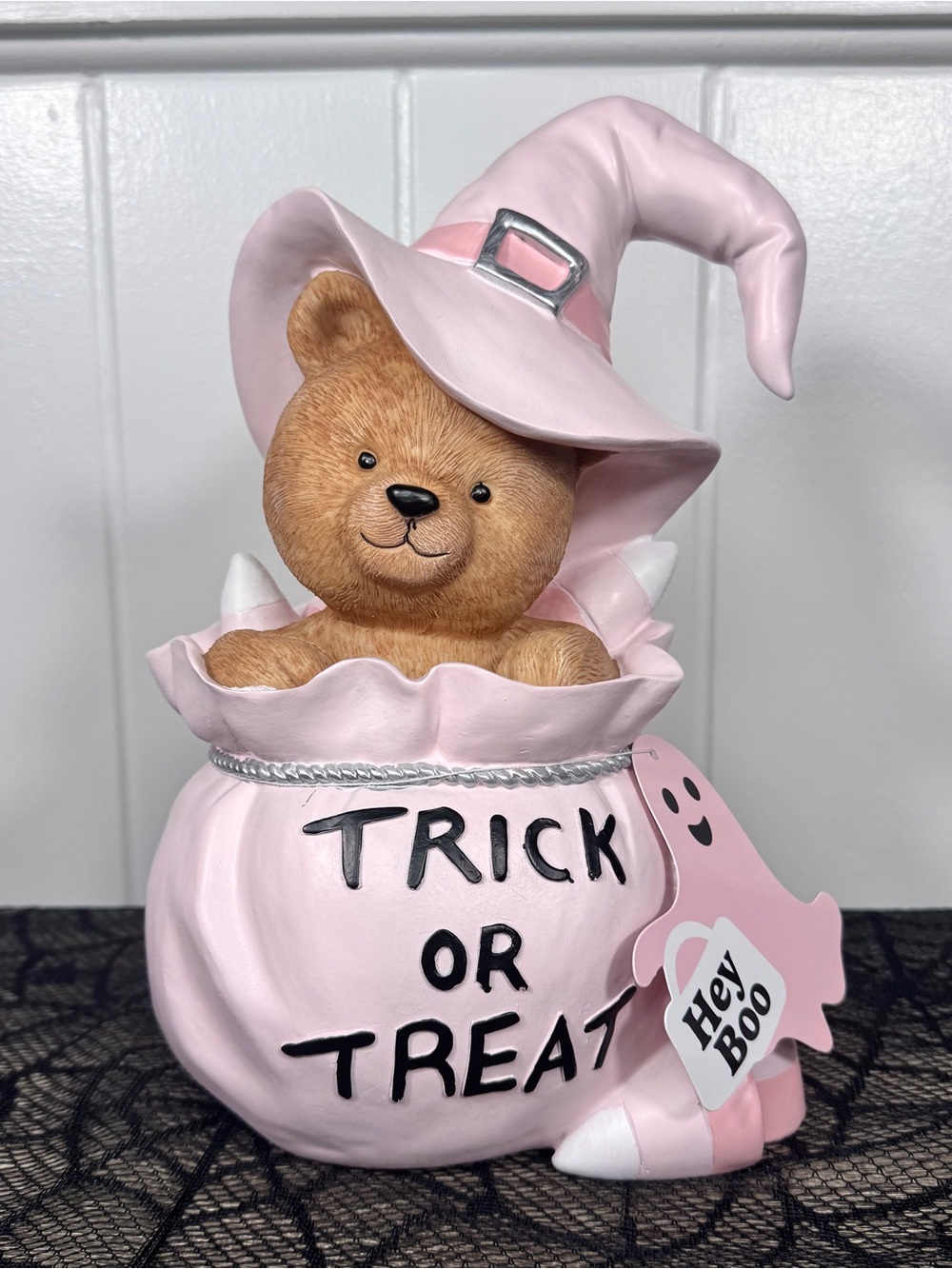 NEW Viral Hey Boo Teddy Bear in a Pink Trick-or-Treat Sack Halloween Figurine